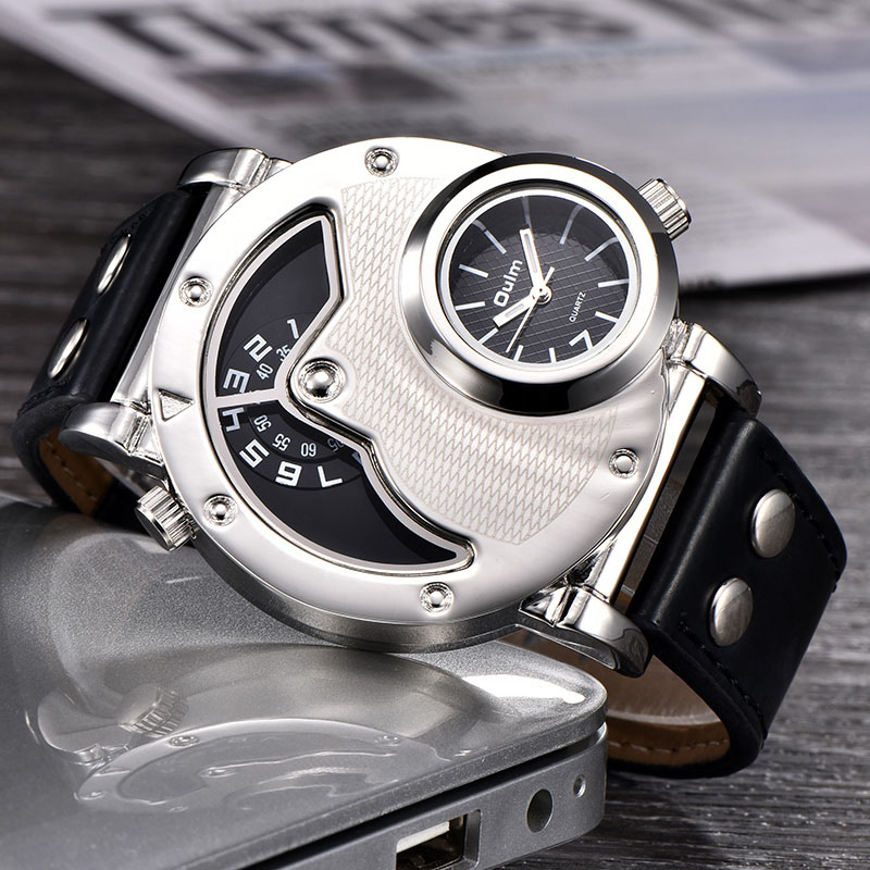 Multi-time zone leather strap watch