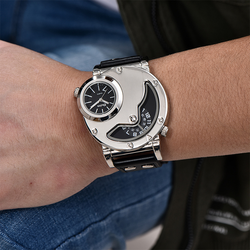 Multi-time zone leather strap watch