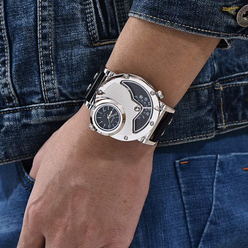 Multi-time zone leather strap watch