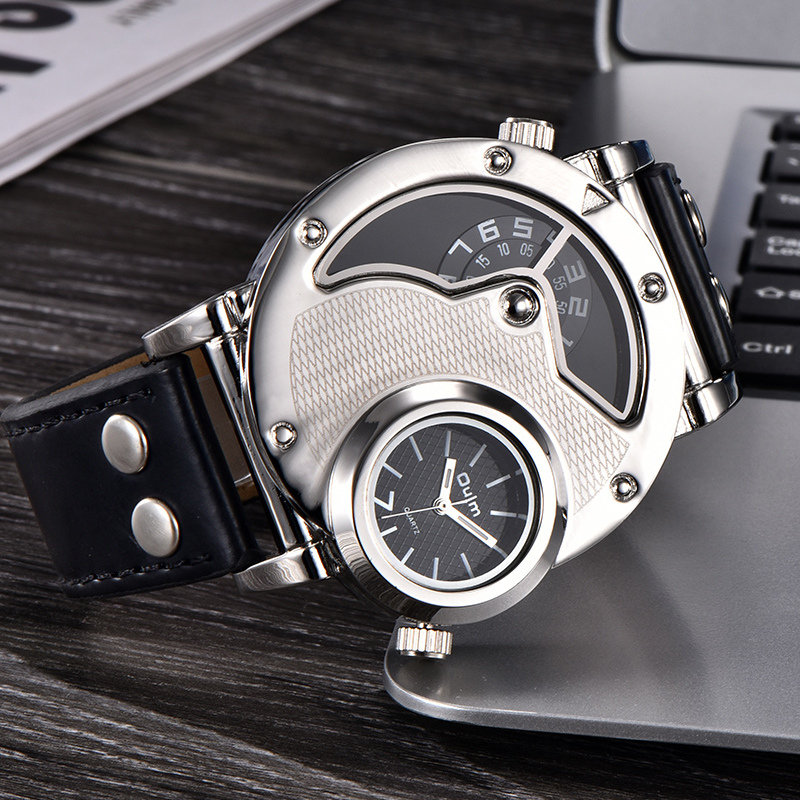 Multi-time zone leather strap watch