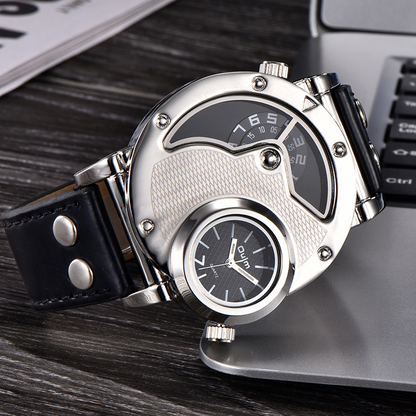 Multi-time zone leather strap watch